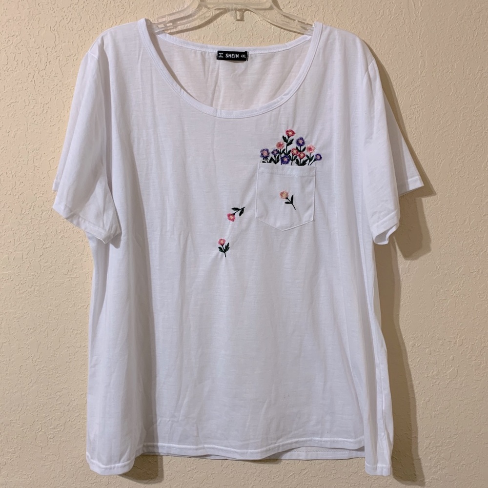 Embroidered Floral Flower Pocket Shirt Plus 4X